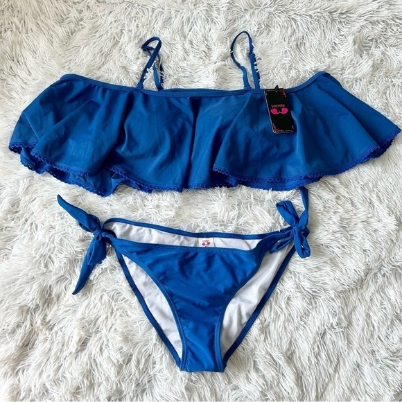 SHEKINI Off The Shoulder Sexy Low Waist Padding Bikini Two Piece Swimsuit Blue - Picture 3 of 13
